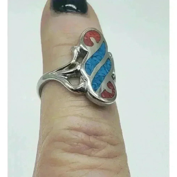 Silver Ring Native American Style Gemstone Turquoise & Coral Chips Inlaid sz 7 - Picture 5 of 8